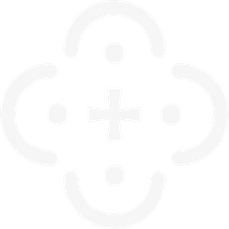 Logo DA. Cztery półkola z kropkami w środku zwrócone naprzeciwko siebie w odległości ich średnicy. Pośrodku krzyżyk.
